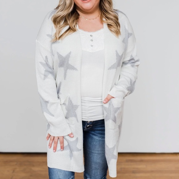NWT Peach Love Cardigan Sweater Pockets Stars Open Front White & Gray SZ Large - Picture 1 of 6